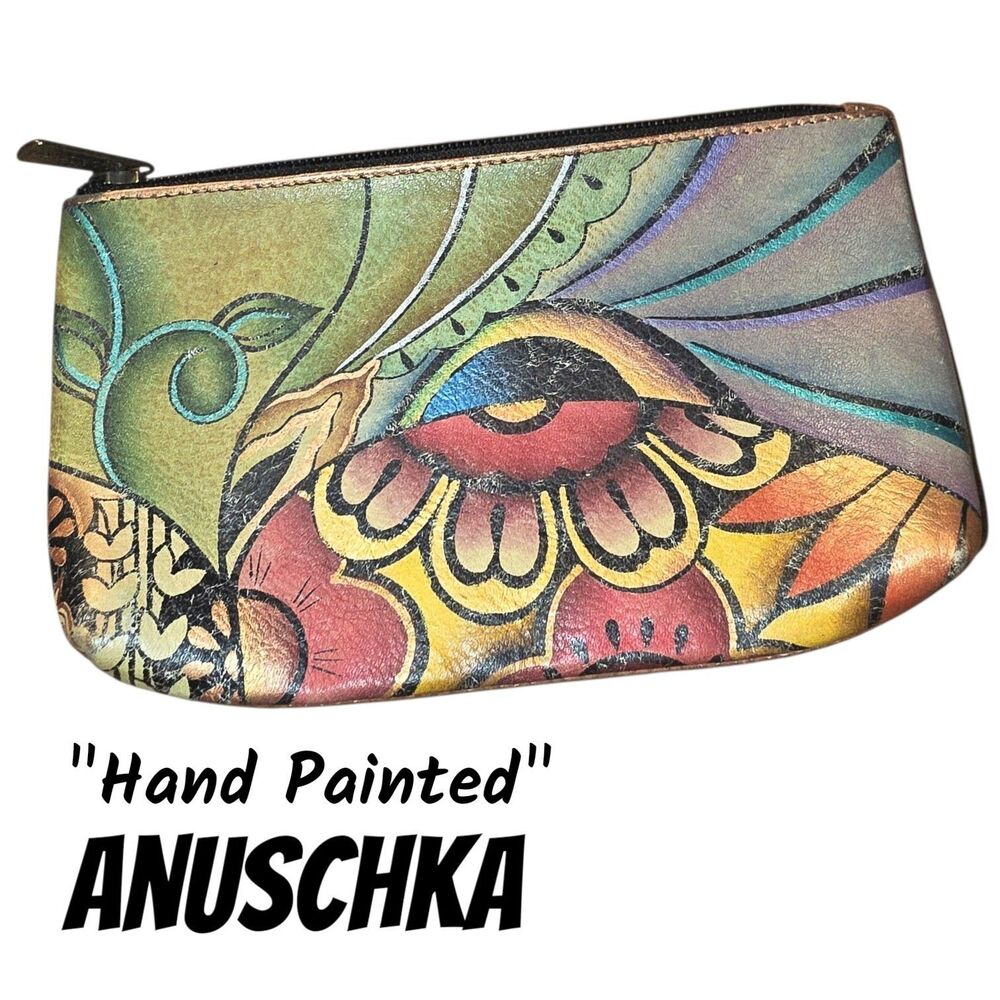 Anuschka Hand-Painted Floral Zip Top Leather & See Thru Side Signed Coin Purse